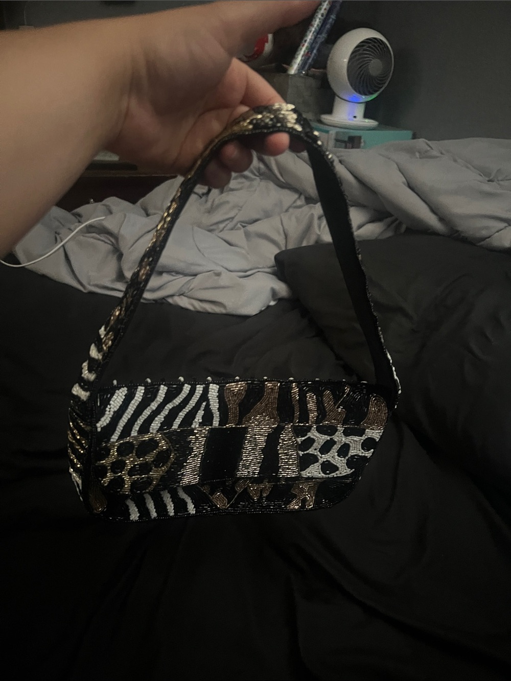 Embellished Animal Print Beaded Shoulder Bag - Black & Gold